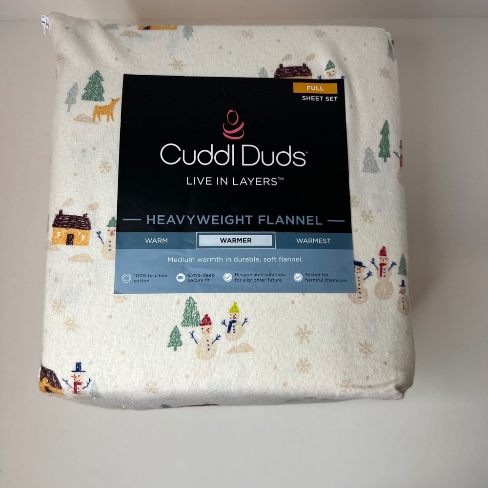 Cuddl‎ Duds Brushed Cotton Full Sheet Set Scenic Snowmen NIP Heavyweight Flannel